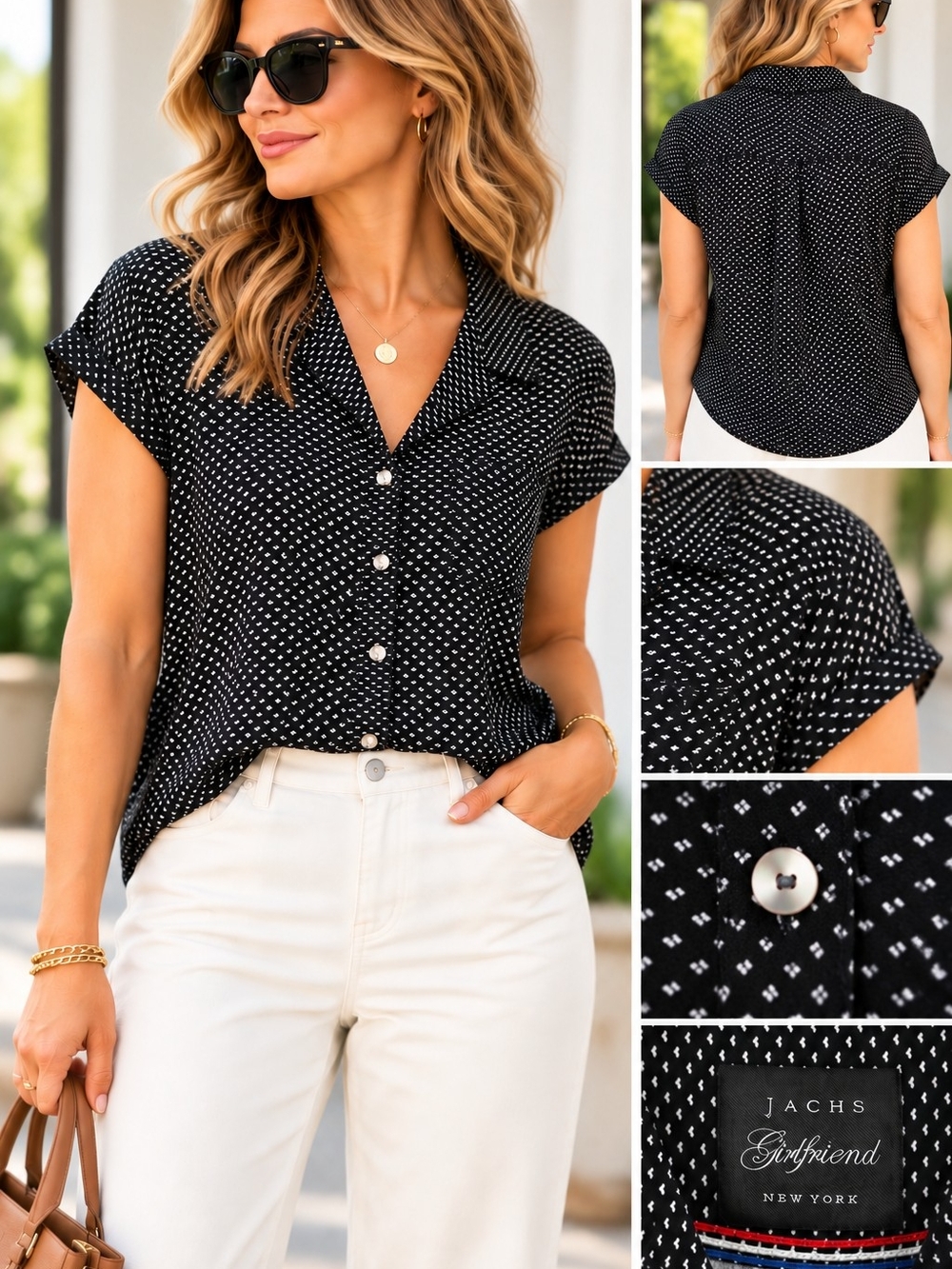 JACHS Girlfriend New York Black & White Printed Button Front Blouse, Est. Medium